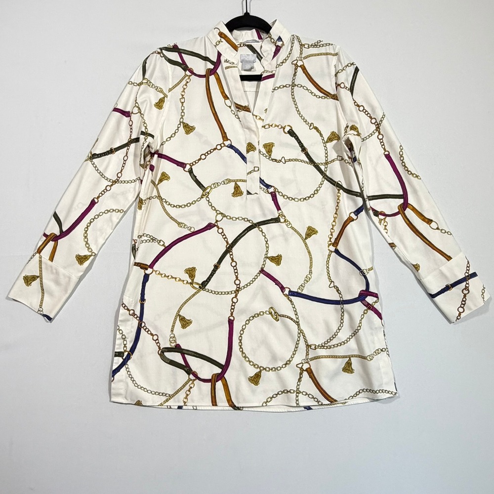 Chico's Tunic Blouse No-Iron Chic Stretch Equestrian Chain White Women's 00 XS